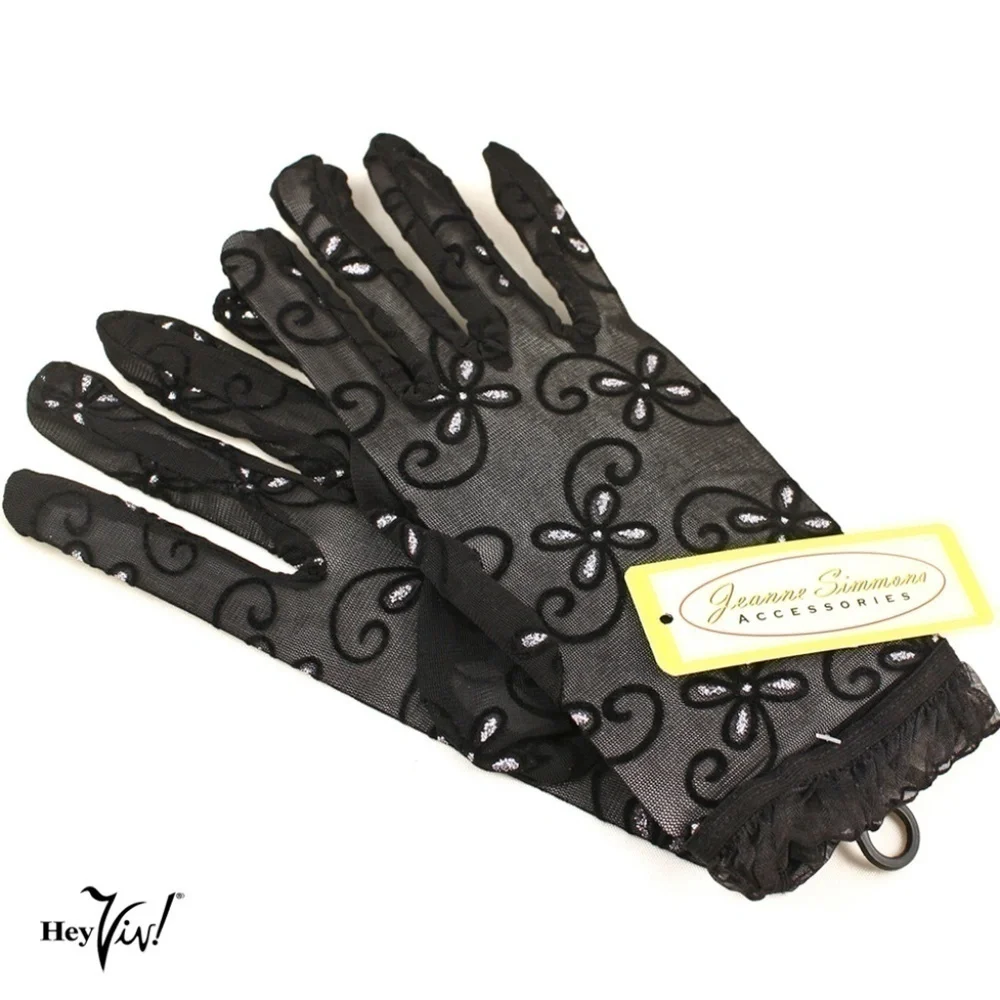 Sheer Black Gloves Wrist Ruffles w Touch of Glitter Flower Design Party Prom